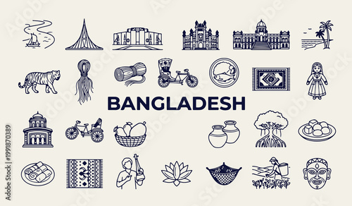 Bangladesh travel landmarks and cultural symbols, Bengali traditional food and heritage icons, Dhaka city travel destination graphics, Bangladesh tourism vacation design elements, South Asia country l
