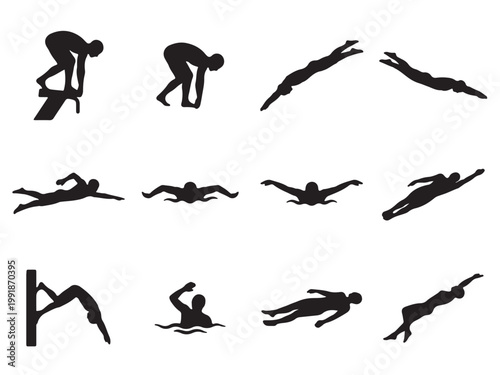 Flat Solid Black Silhouette Icon Set of 12 Swimmer Action Poses and Strokes