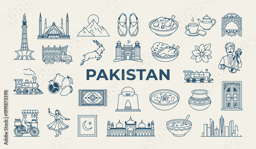 Pakistan travel landmarks and cultural icons, Pakistani traditional food and heritage, Islamabad and Lahore travel destination graphics, South Asia tourism vacation design elements, Pakistan country s