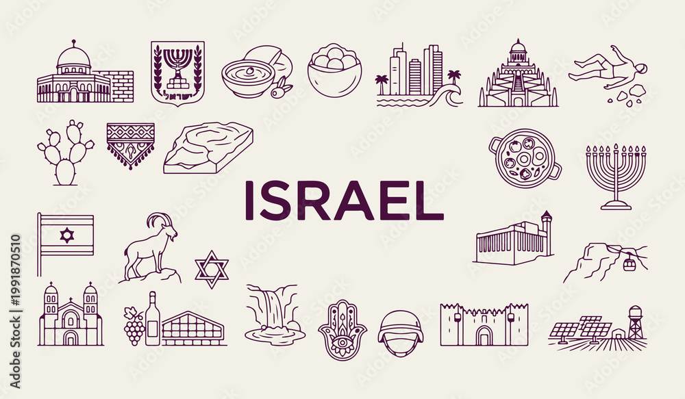 Obraz premium Israel travel landmarks and symbols, Jerusalem cultural vector icons, Israeli traditional food and heritage, Middle East travel destination graphics, Jewish culture and religion line art, Israel touri