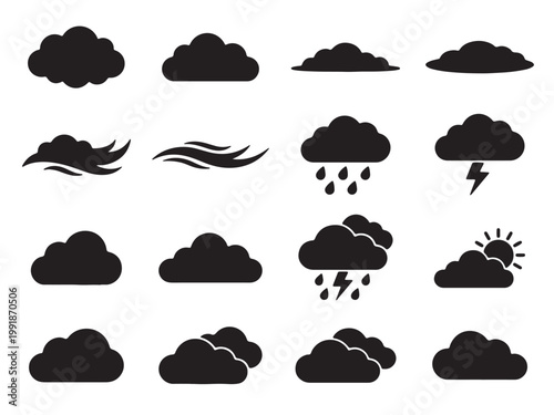 Flat Solid Black Silhouette Icon Set of 16 Various Cloud Shapes and Weather Elements