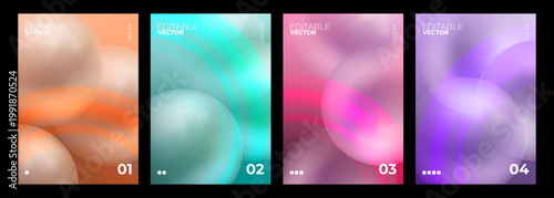 Abstract posters collection. Vibrant rainbow color gradients with blurred round shapes and fluid mesh textures. Defocused color templates for creative graphic design. Vector illustration.