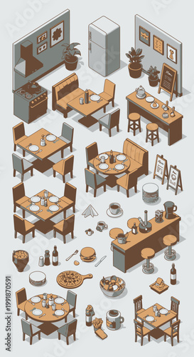Isometric cafe interior design elements restaurant furniture food and drink