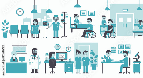 Medical illustration depicting healthcare professionals and patients in a hospital setting