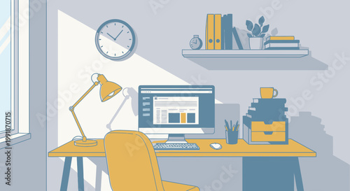 Modern home office illustration desk with computer clock and shelves