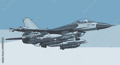 Modern jet fighter aircraft in flight against clear sky illustration
