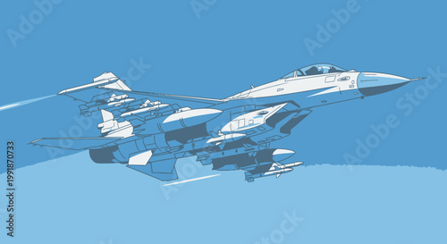 Modern jet fighter in flight against blue sky vector illustration