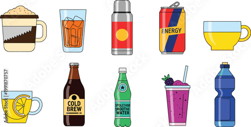 Professional Barista Tools and Coffee Brewing Equipment Icon Set Featuring Cold Brew Bottle French Press Energy Drink and Specialty Lattes