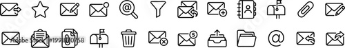 email and message communication icons set with envelope inbox send reply forward attachment paperclip document folder search filter mailbox and notification interface symbols on transparent background