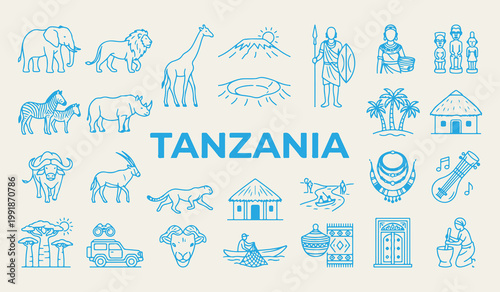 Tanzania travel landmarks and safari icons, Tanzanian cultural heritage vector illustrations, Tanzania wildlife and nature graphics, Africa tourism vacation design elements, Tanzania country line art 
