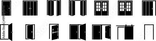 door icons set with open door closed door double door sliding door and doorway entrance symbols, architecture home access vector illustration isolated on transparent background