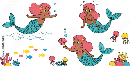 Cute mermaid cartoon character set, little black mermaid with pink hair and turquoise tail, underwater sea life collection with jellyfish and coral reef