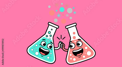 Cartoon chemistry flask characters high five, cute science laboratory equipment vector, happy chemical reaction illustration on pink background