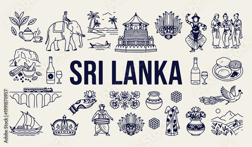 Sri Lanka travel landmarks and icons, Sri Lankan cultural heritage vector illustrations, Sri Lanka traditional food and tea graphics, Asia tourism vacation design elements, Sri Lanka country line art 