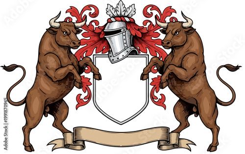 Heraldic bull coat of arms with knight helmet and shield, medieval bull crest with red acanthus leaves, vintage royal emblem for family lineage