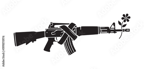 Illustration of Peaceful Protest Concept Featuring Rifle with Flower, Graphic Design, White Background, Minimalist View