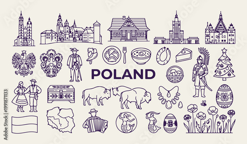 Poland travel landmarks and cultural icons, Polish traditional food and heritage illustrations, Warsaw and Krakow tourism design elements, Europe vacation travel line art symbols, Poland country herit