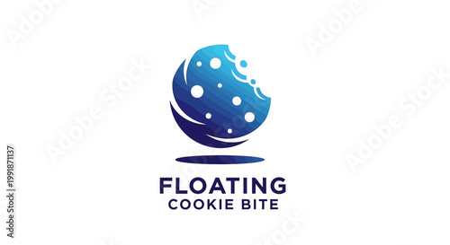 Floating Cookie Bite Logo Design with Blue Gradient and White Background.