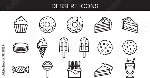 Dessert icons with various sweet treats.