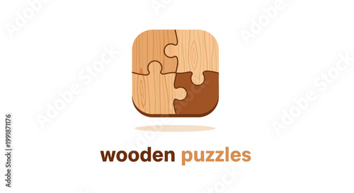 Four Interlocking Wooden Puzzle Pieces on White Background.