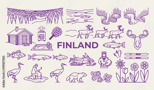 Finland travel landmarks and winter icons, Finnish cultural heritage vector illustrations, Finland nature and sauna graphics, Scandinavia tourism vacation design elements, Finland country line art sym