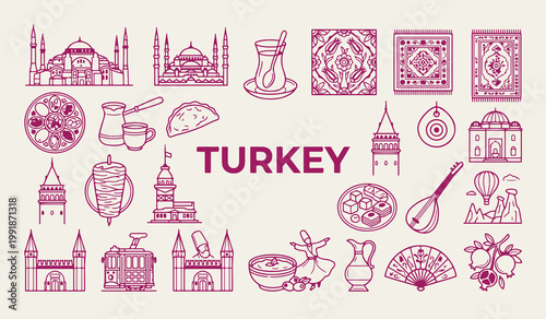 Turkey travel landmarks and ottoman symbols, Istanbul cultural heritage vector icons, Turkish traditional food and tea graphics, Eurasia tourism vacation design elements, Turkey country line art symbo