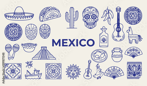 Mexico travel landmarks and cultural symbols, Mexican traditional food and taco icons, Day of the dead sugar skull graphics, Central America tourism vacation design elements, Mexico country line art s