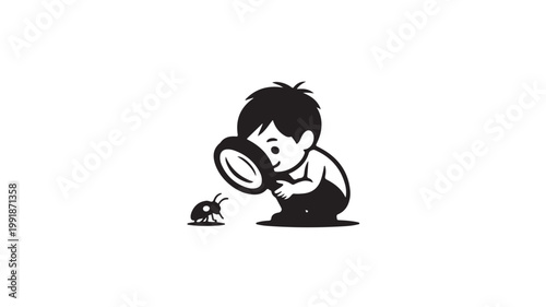 Curious Boy Examining Insect With Magnifying Glass On White Background For Science Education Concepts