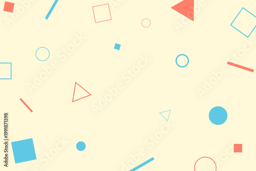 コーラルピンクと水色の幾何学モチーフが散りばめられた抽象背景イラスト