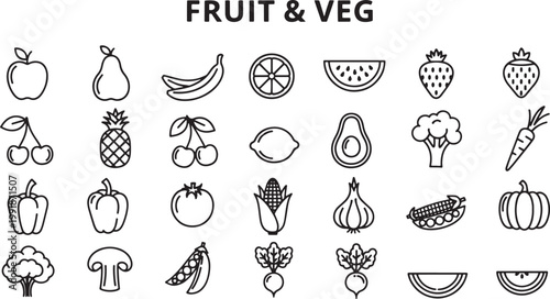 Fresh fruit and vegetable icons collection.
