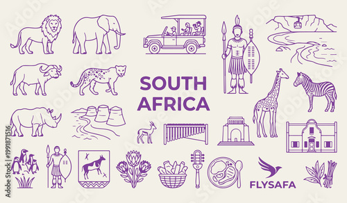 South Africa safari wildlife and landmarks, African savanna animal vector icons, Cape Town cultural heritage line art, South Africa tourism vacation design elements, Kruger national park safari graphi