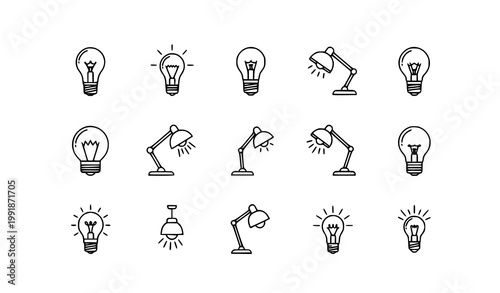A set of minimalist line art icons depicting light bulbs and desk lamps