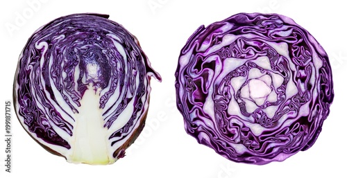 Obraz na plátně Vibrant sliced purple cabbage halves element set isolated on white