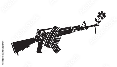 Symbolic illustration of peace and conflict, assault rifle with flower, black and white graphic art, minimalistic design, front view