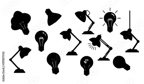 A collection of black lamp and lightbulb silhouettes on a white background