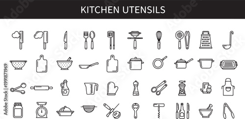Kitchen Utensil Icons Line Style.