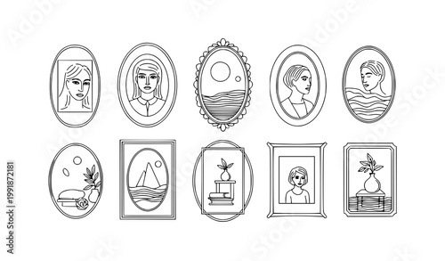 Collection of vintage-style portrait and landscape frames with illustrations