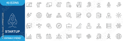 Startup Icon Set. Containing Business, Innovation, Idea, Growth, Investment, Funding, Launch, Strategy, Success, Entrepreneur and More. Editable Stroke. Vector Illustration