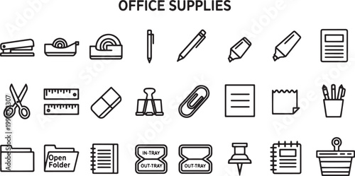 Office supplies icons on white background.