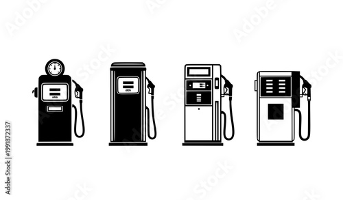 Retro and modern gas pump silhouettes set with vintage and contemporary fuel dispensers isolated vector
