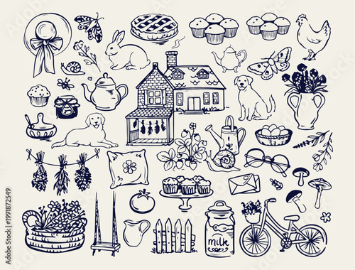 Cozy home and daily life icons, household objects vector illustrations, family life and interior design elements, kitchenware and pet line art, minimalist domestic routine sketches, home sweet home an