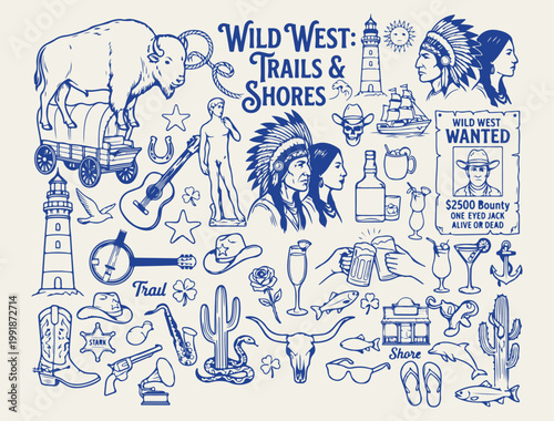 Wild west trails and native american icons, western frontier vector illustrations, tribal culture and nature design elements, arrowhead and feathers line art symbols, minimalist wilderness and travel 
