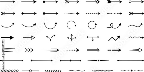 Large Set of Arrow Silhouettes and Directional Pointer Icons, Collection of Vector Cursor Symbols, Way finding Elements and Minimalist Navigation Graphics for UI Design and Infographics
