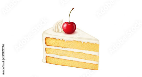 Slice of vanilla cake with cherry on top and white frosting.
