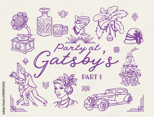 Great Gatsby 1920s party icons, Art Deco lifestyle vector illustrations, vintage jazz age design elements, retro party and fashion line art, minimalist roaring twenties cocktail sketches, luxury lifes