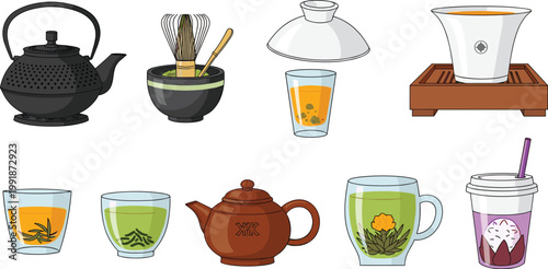 Traditional Tea Ceremony and Specialty Infusion Icon Set Featuring Cast Iron Tetsubin Matcha Whisk Gongfu Tea Table and Blooming Flower Tea