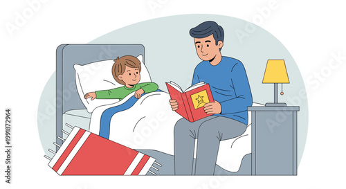A father reads a bedtime story to his son in a cozy bedroom setting, featuring a lamp, bed, and a red book with a star, illustrated with clean lines and a soft color palette for