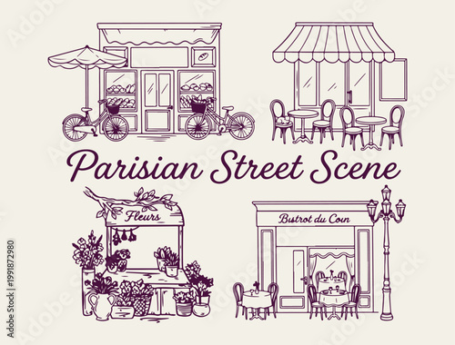 Cuadro en lienzo Parisian street scene and cafe icons, Paris city landmark vector illustrations,