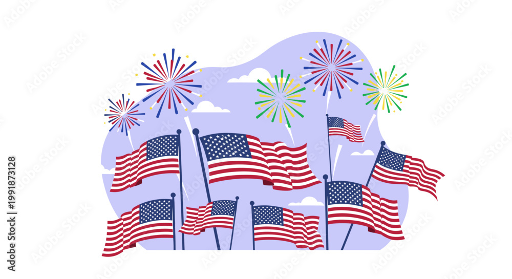 Fototapeta premium Celebratory composition showcasing waving american flags, vibrant fireworks, and a soft lavender backdrop, perfect for patriotic events, independence day designs, and scalable