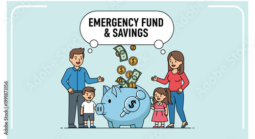 Cheerful family of four celebrates financial security, illustrated in a clean, modern vector style with a light blue and pastel color palette, showcasing the concept of emergency